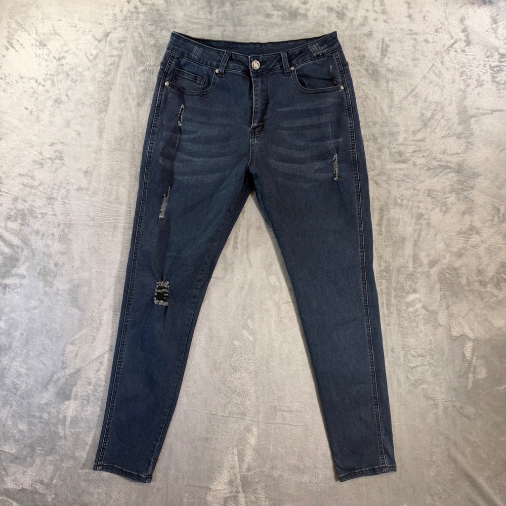 YOUNGLA Distressed Skinny Jeans‎ Men's Size 34x32 Blue Dark Wash Denim
